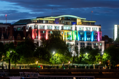Globe House lighted up in Pride colours