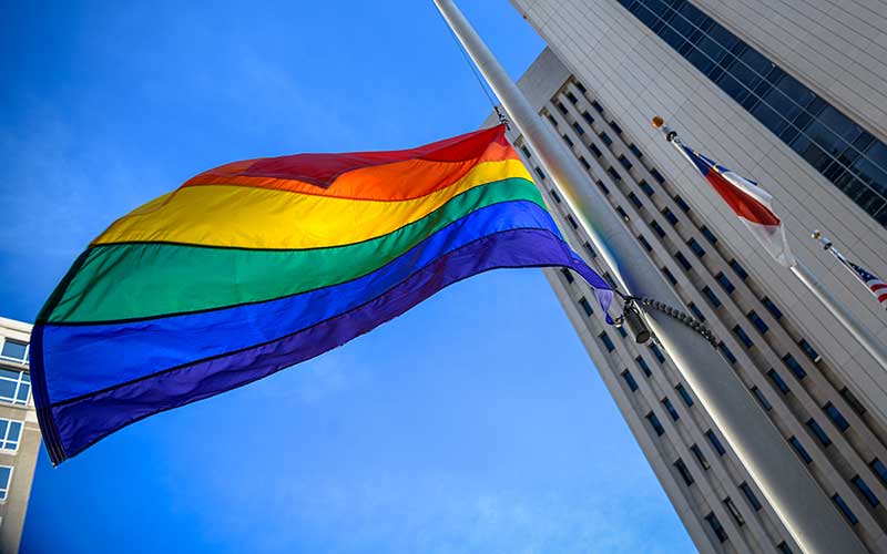 Pride flag over Reynolds building
