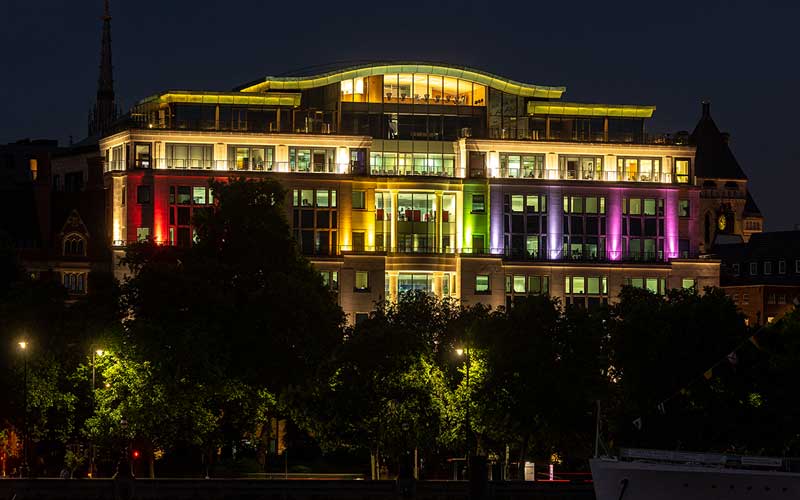 Globe House, London HQ lit up for Pride